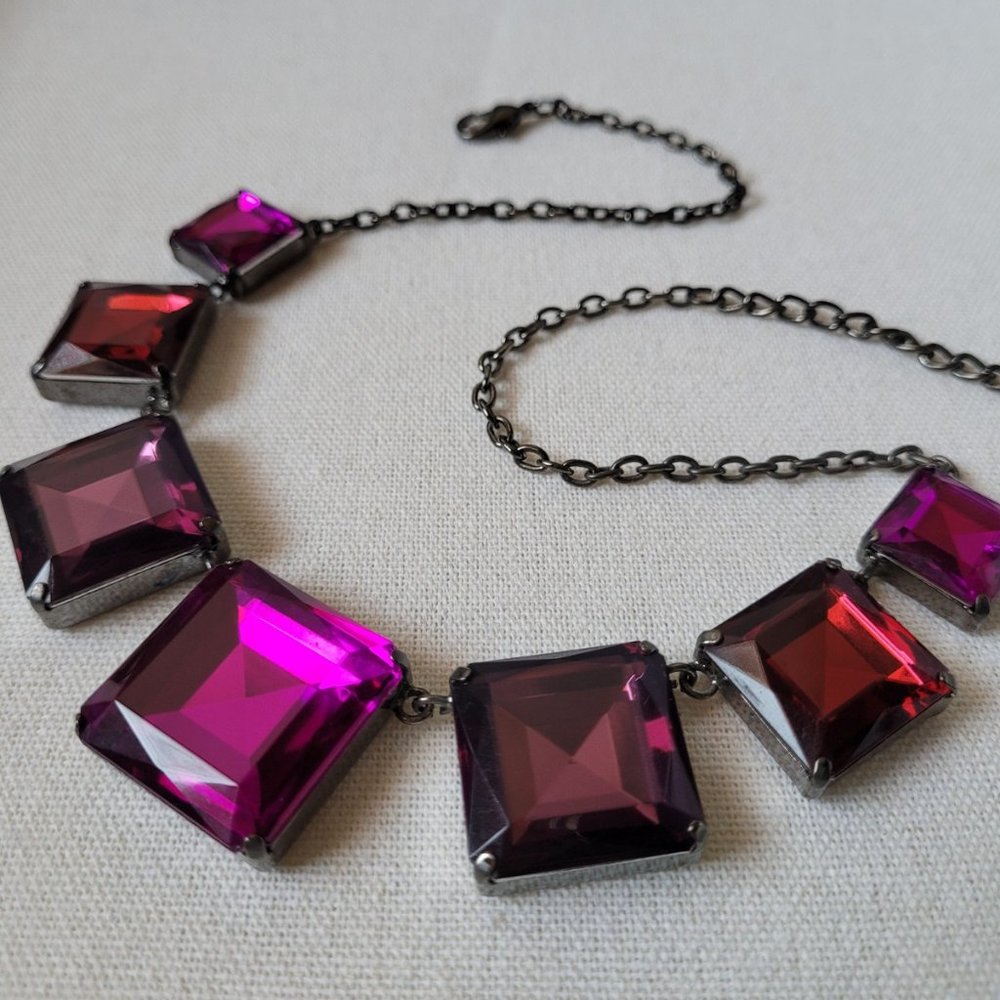 Purple Square Gem Rhinestone Necklace